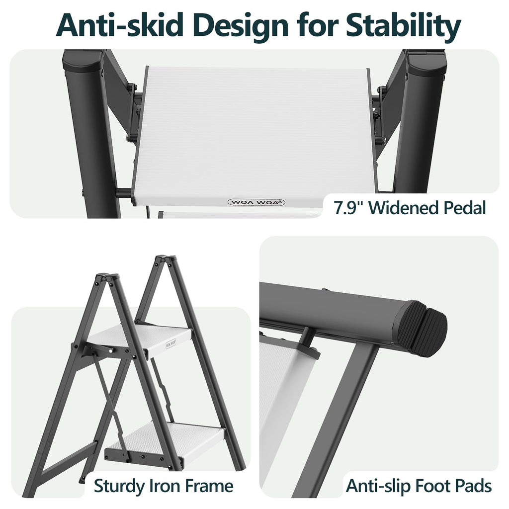 2 Step Ladder, Foldable Step Stool, 300lbs Load, Black & White Z875168