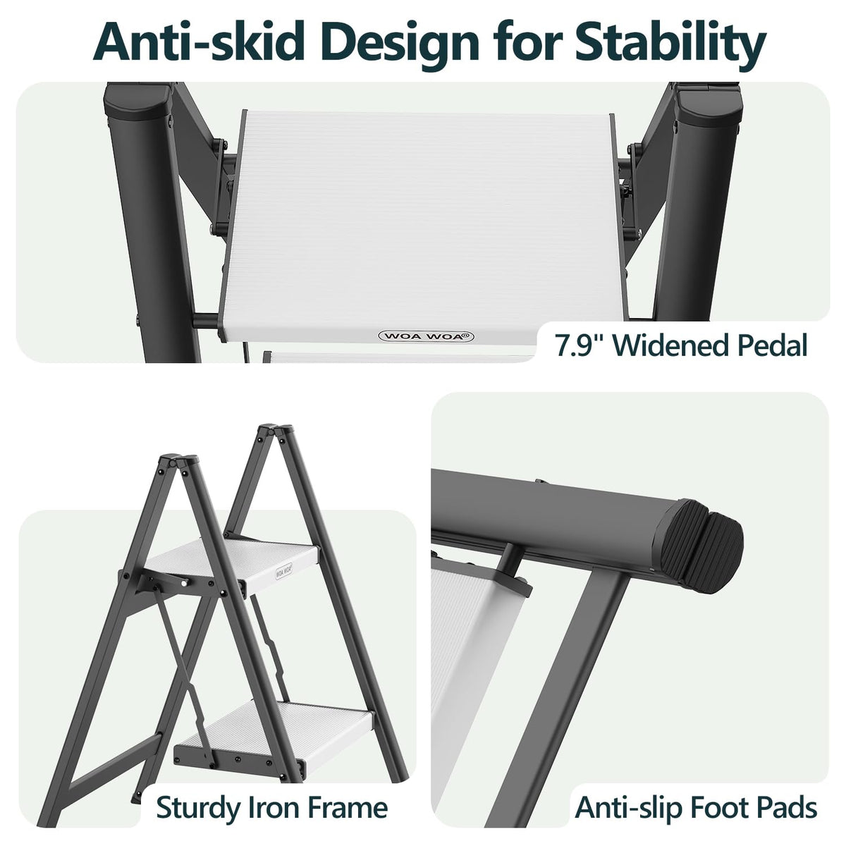 2 Step Ladder, Foldable Step Stool, 300lbs Load, Black & White Z875168