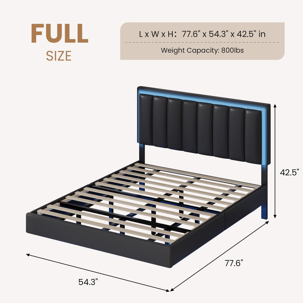 Black Full Size Floating Bed Frame with LED Lights J205