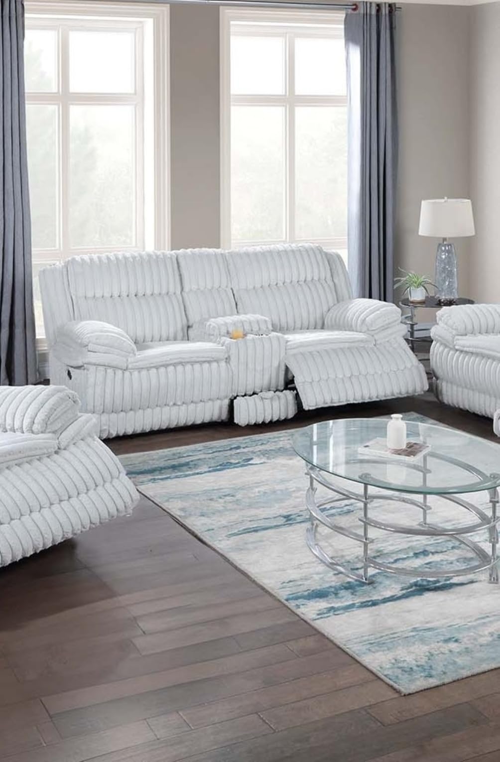 Light Gray Corduroy Reclining Loveseat with Storage Drawer O21361