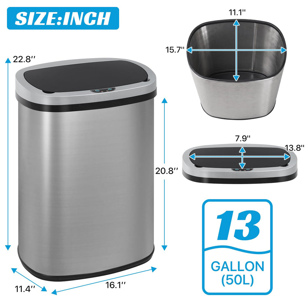 Stainless Steel 13 Gallon Touch Free Trash Can with Lid U582