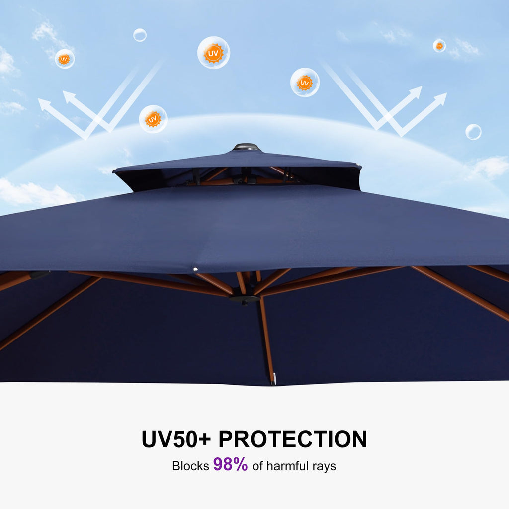 10ft Double Top Wood-Grain Finish Navy Blue Patio Umbrella G32109