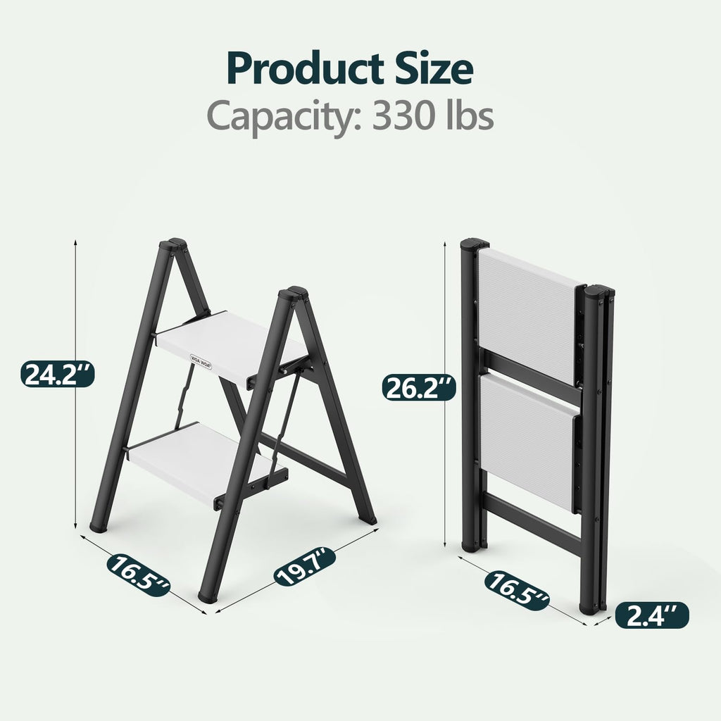 2 Step Ladder, Foldable Step Stool, 300lbs Load, Black & White Z875168