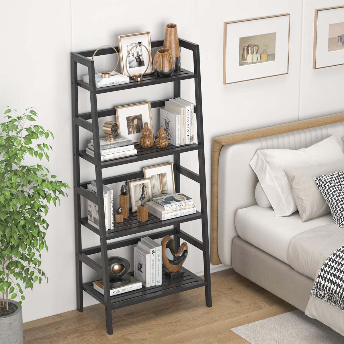 Black 4-Tier Bamboo Ladder Shelf V26824