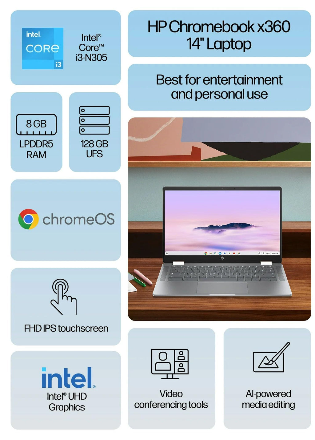 14in FHD Touch Chromebook Plus Intel i3 8GB RAM 128GB K74398