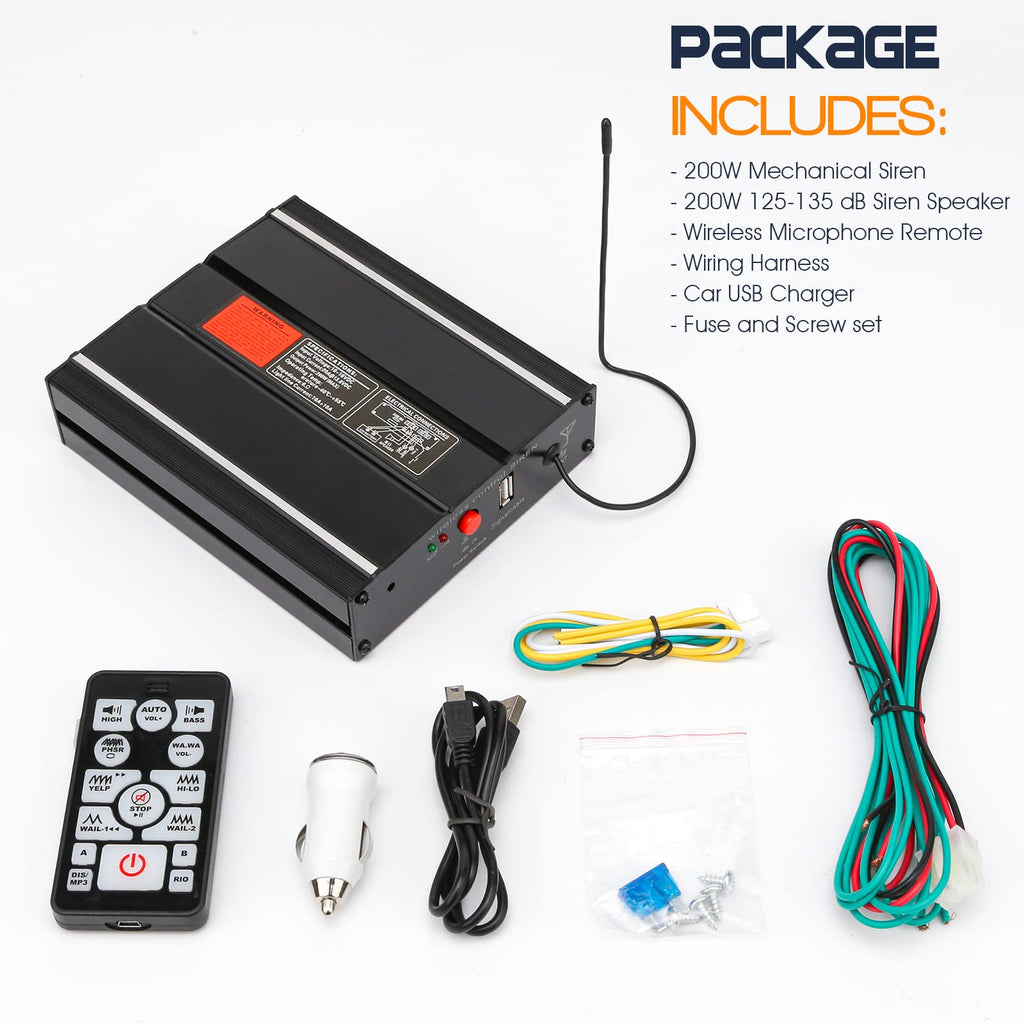 200W 12V Emergency Siren PA System with Slim Speaker, Wireless Remote Handheld Microphone J741901