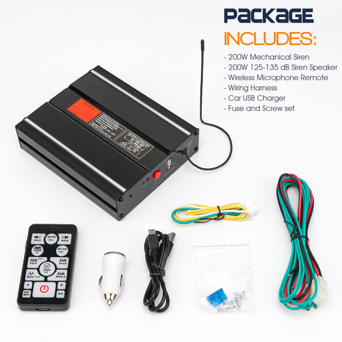 200W 12V Emergency Siren PA System with Slim Speaker, Wireless Remote Handheld Microphone J741901