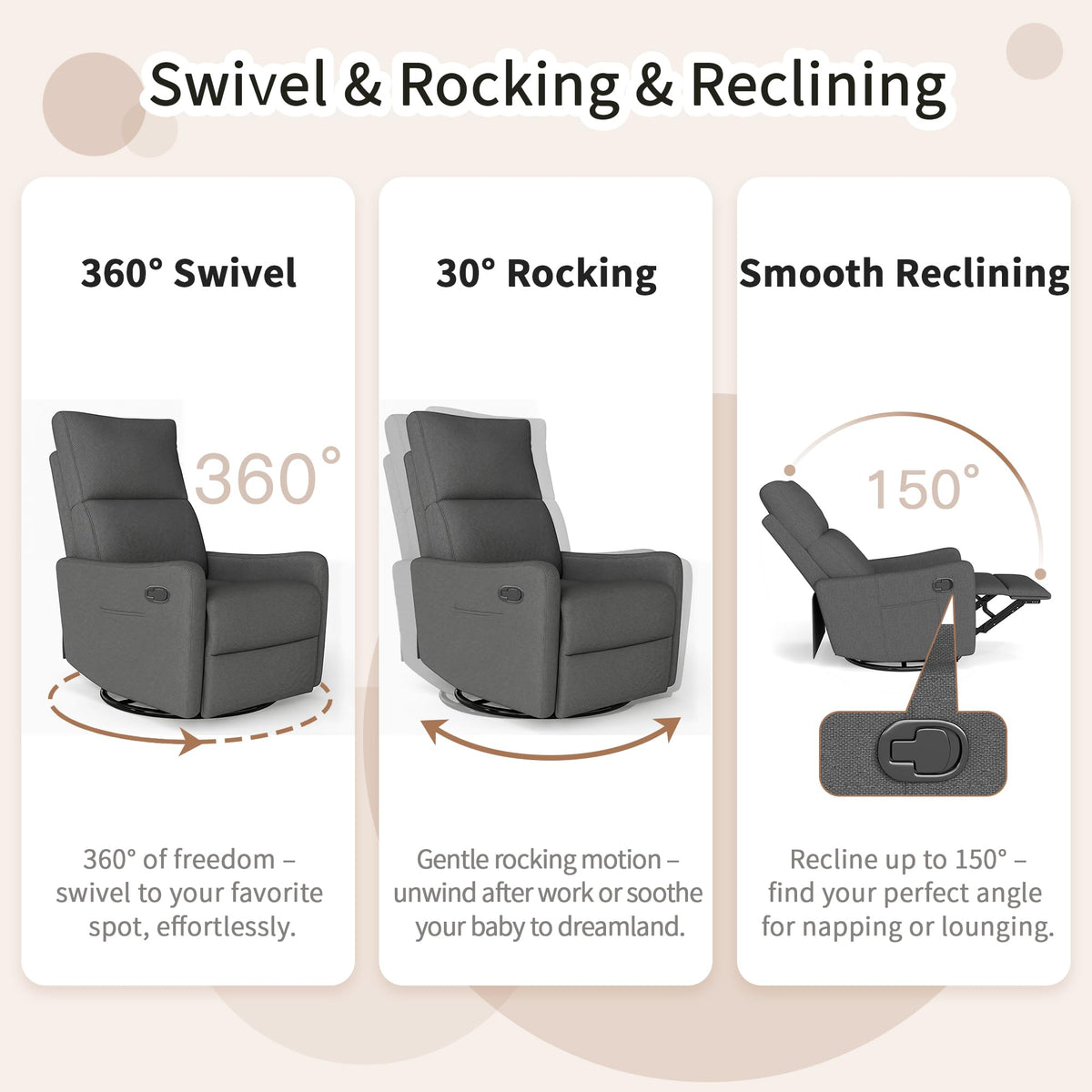 Dark Gray Swivel Rocker Recliner Chair D9081