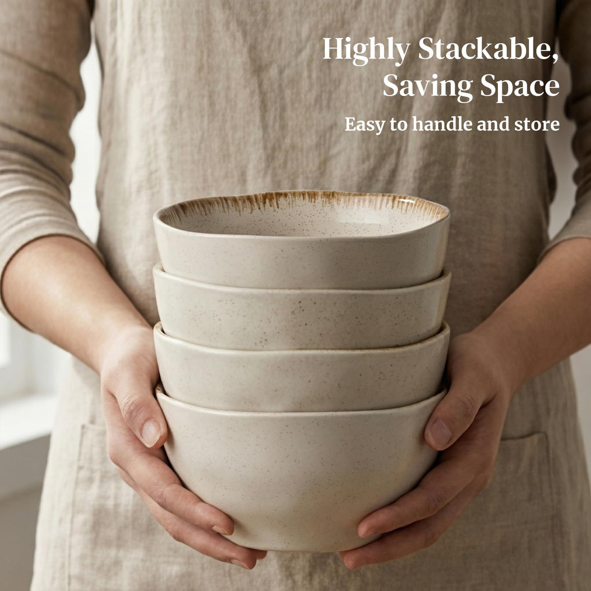 30 OZ Ceramic Soup Bowls Set of 4 Beige U5693