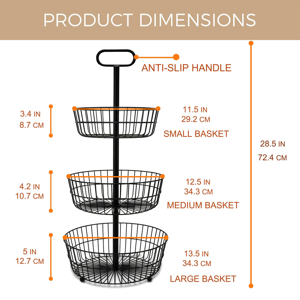 3-Tier Metal Round Standing Fruit Basket with Handle S6358
