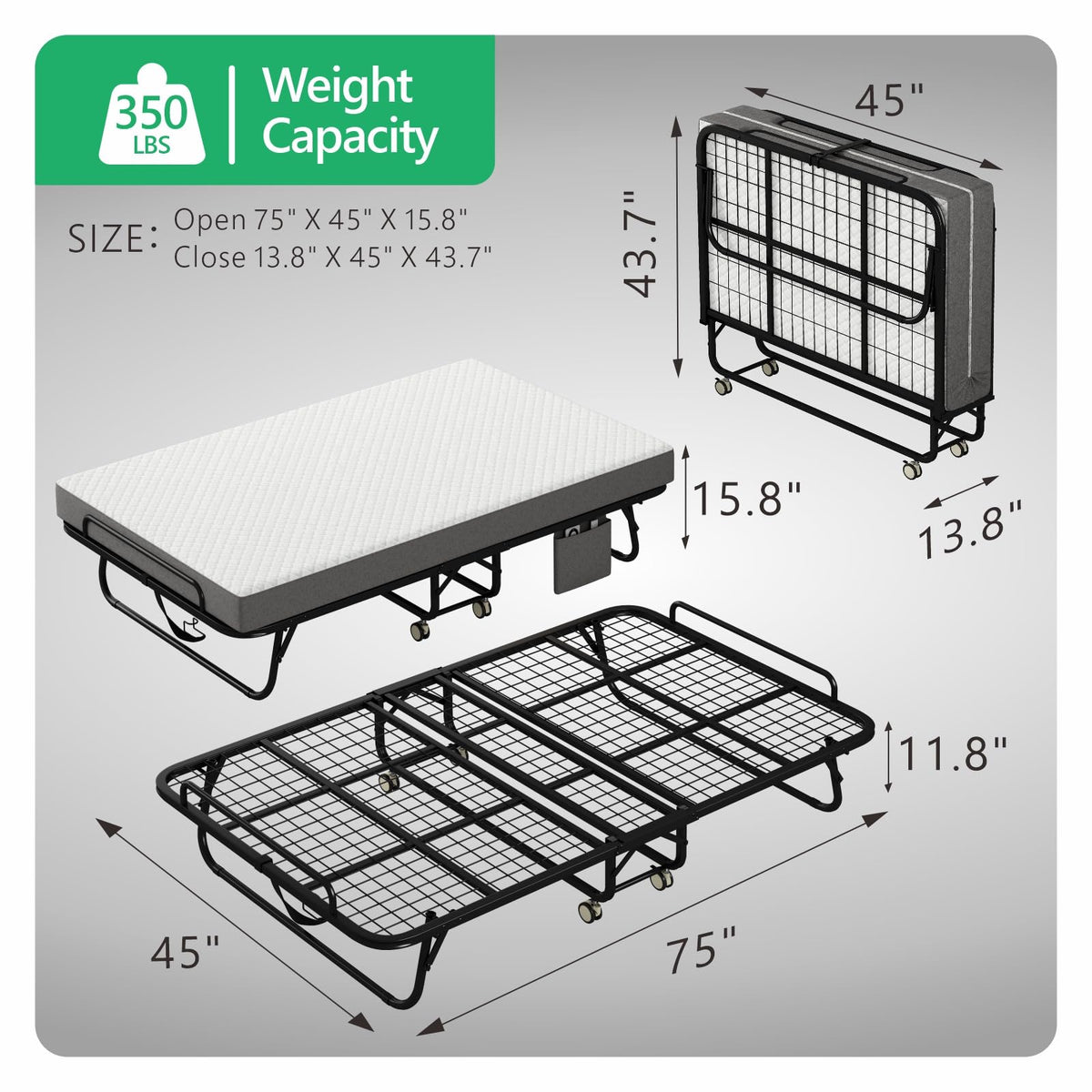 Folding Twin XL Size Bed with Memory Foam Mattress I299585