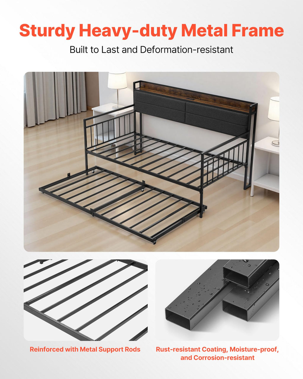 Twin Size Metal Daybed with Trundle V66245