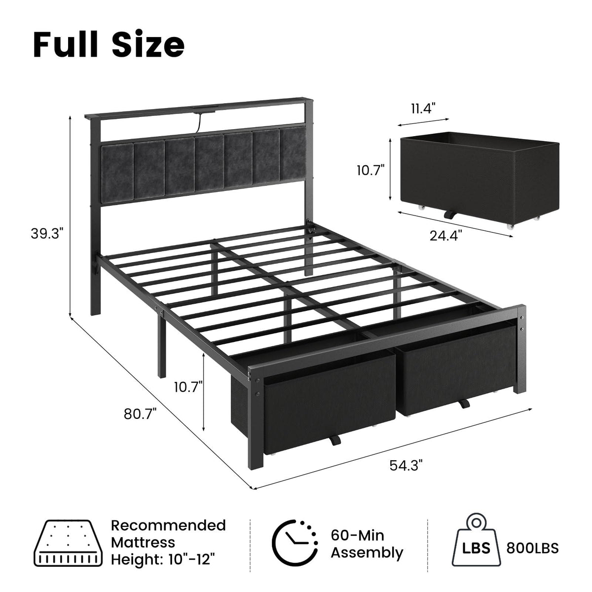 Full Size Bed Frame with Upholstered Headboard and 2 Storage Drawers X7903