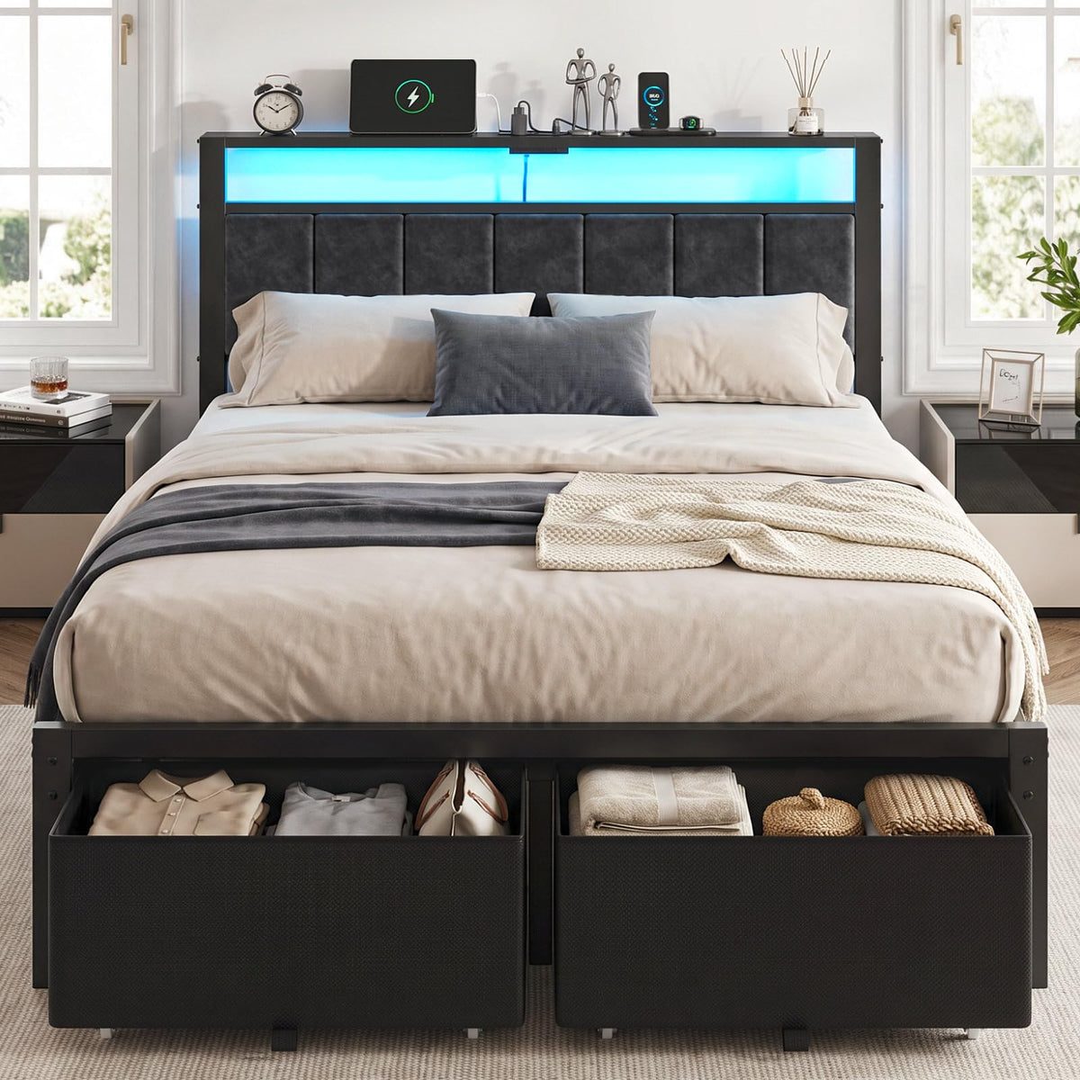 Full Size Bed Frame with Upholstered Headboard and 2 Storage Drawers X7903