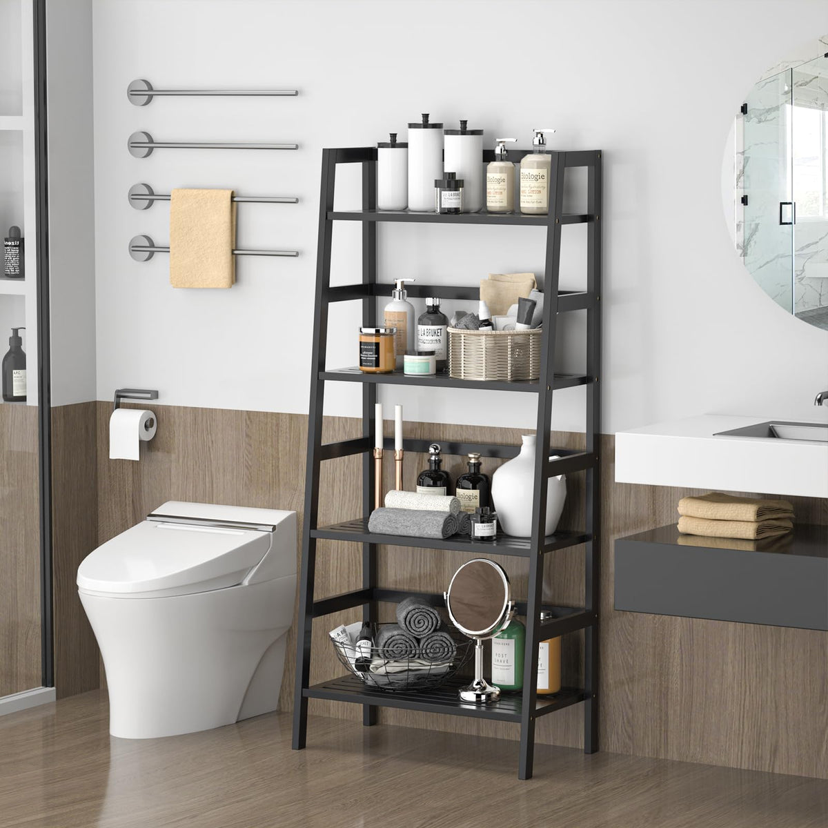 Black 4-Tier Bamboo Ladder Shelf V26824