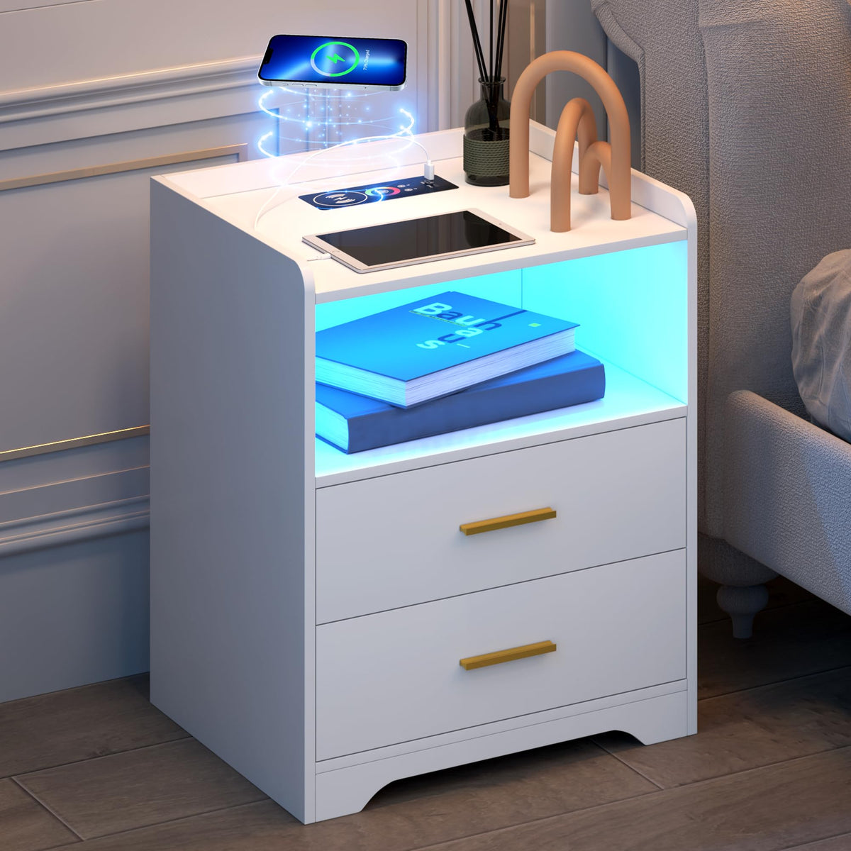 White Nightstand with Charging Station K908289