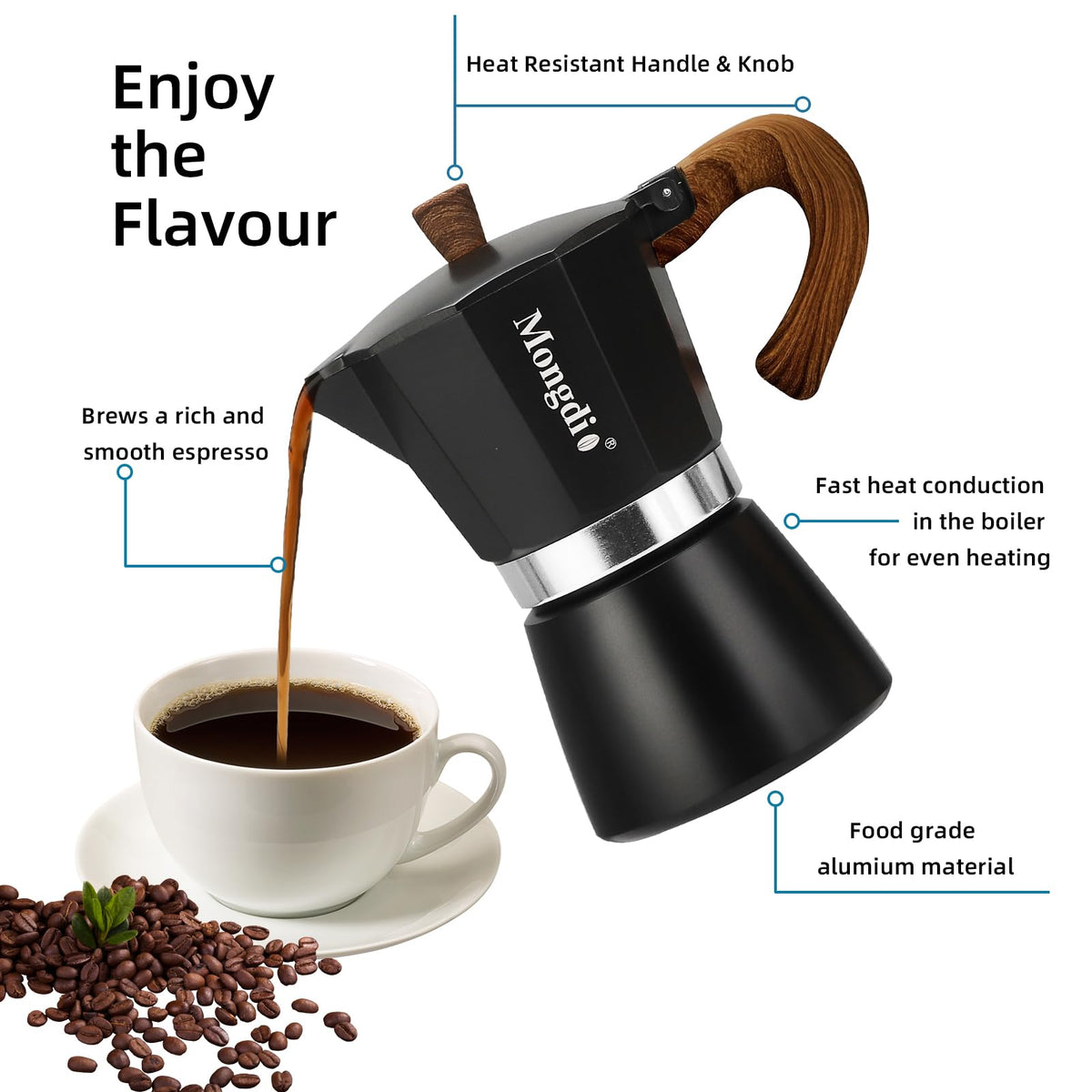 Stovetop Espresso Maker Moka Pot, 6 Cup 10 oz Black Q13551