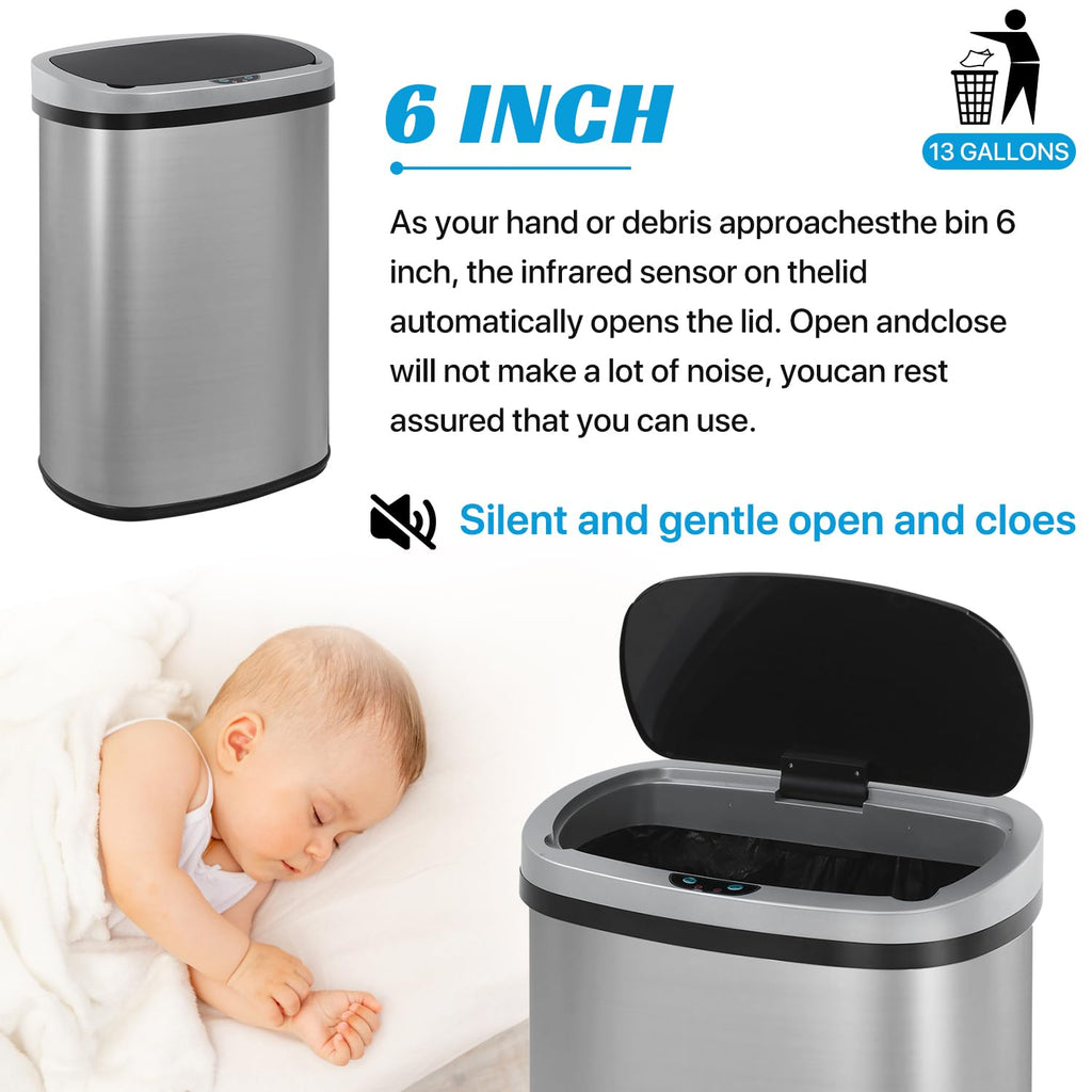 Stainless Steel 13 Gallon Touch Free Trash Can with Lid U582