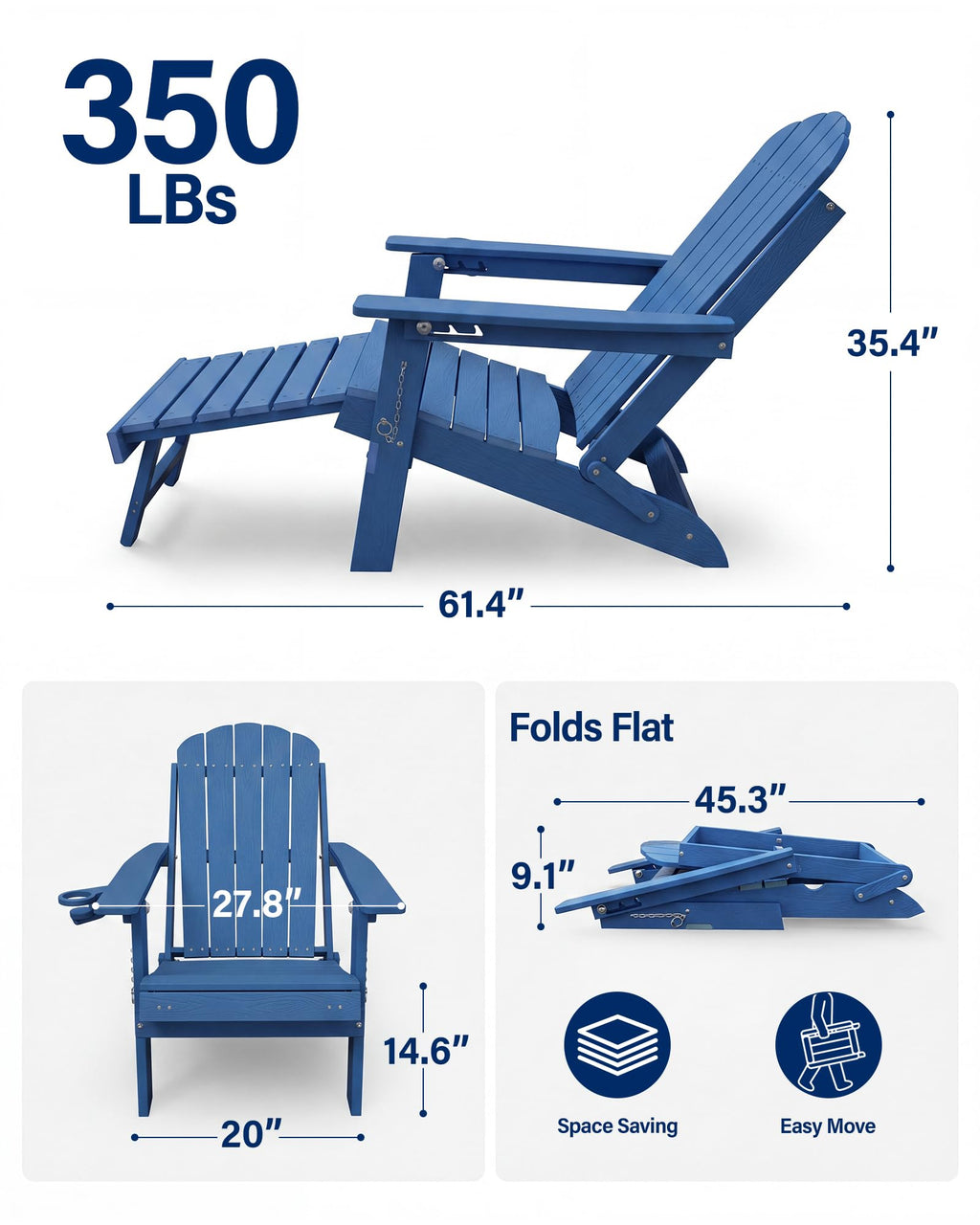 Blue HDPE Adirondack Chairs with Footrest Set of 4 H59904