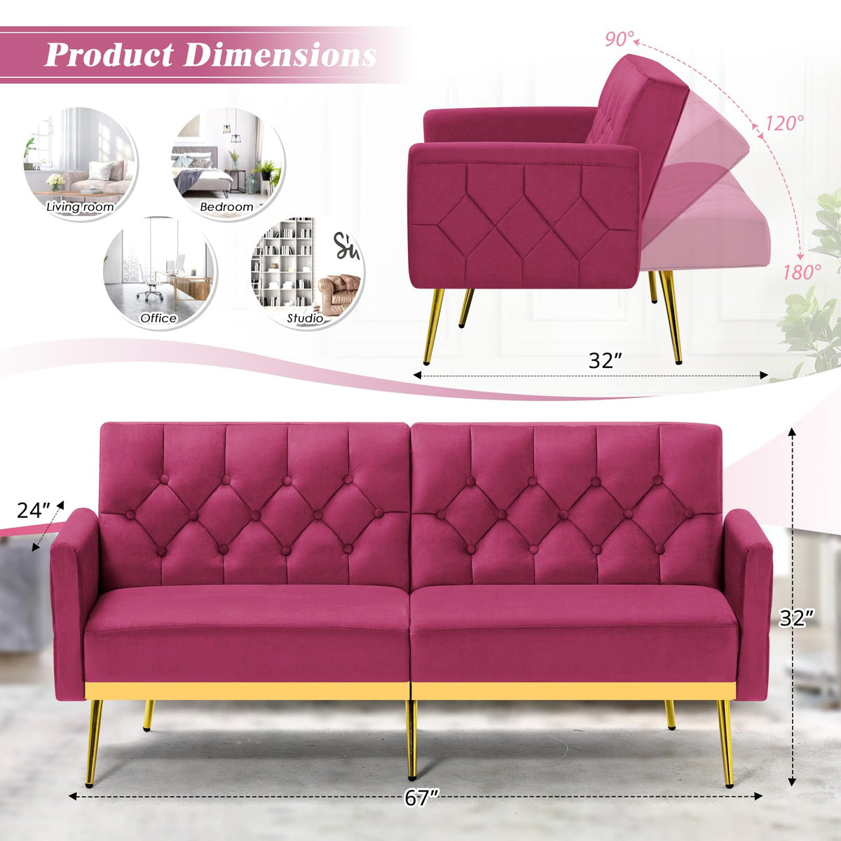 Velvet Sofa Bed with Adjustable Armrests & Backrests D167670