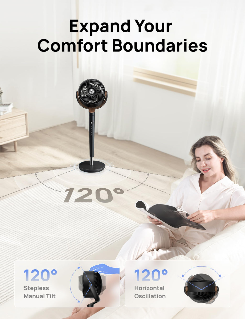 120° Oscillating Standing Fan, Quiet Floor Fan with DC Motor, 9 Speeds, 4 modes, 37-42" Adjustable Height, 9H Timer, Dark Gray Z16178