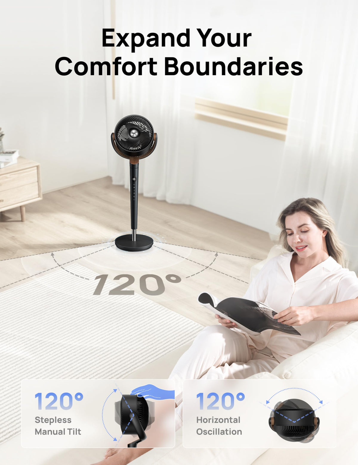 120° Oscillating Standing Fan, Quiet Floor Fan with DC Motor, 9 Speeds, 4 modes, 37-42" Adjustable Height, 9H Timer, Dark Gray Z16178