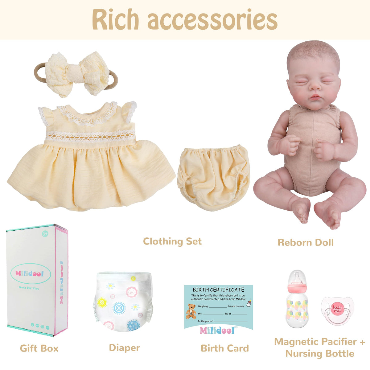 20" Realistic Sleeping Newborn Girl Doll with Weighted Body and Feeding Set H747