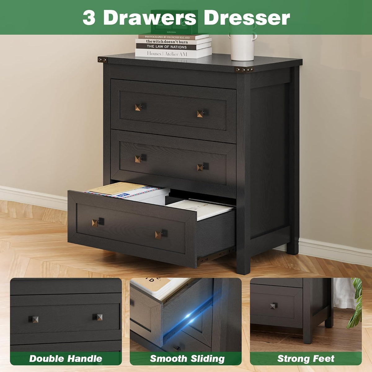 27.6" Wide Black 3 Drawer Wood Nightstand S568120