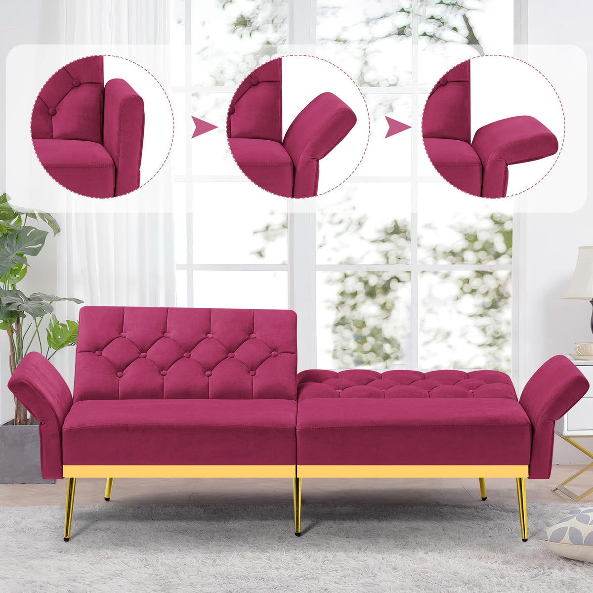 Velvet Sofa Bed with Adjustable Armrests & Backrests D167670