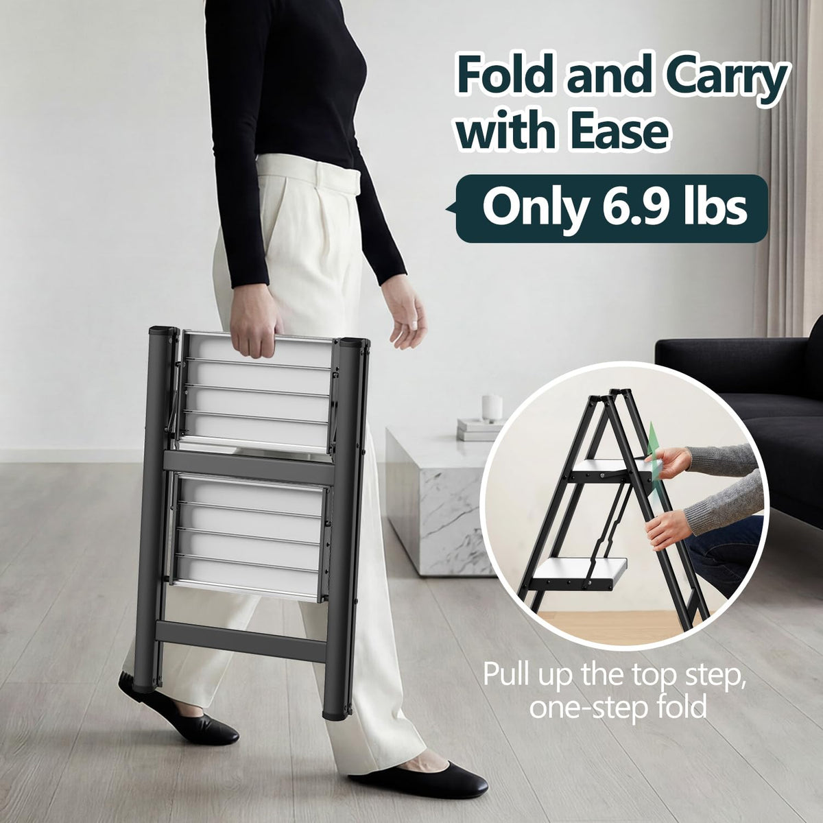 2 Step Ladder, Foldable Step Stool, 300lbs Load, Black & White Z875168