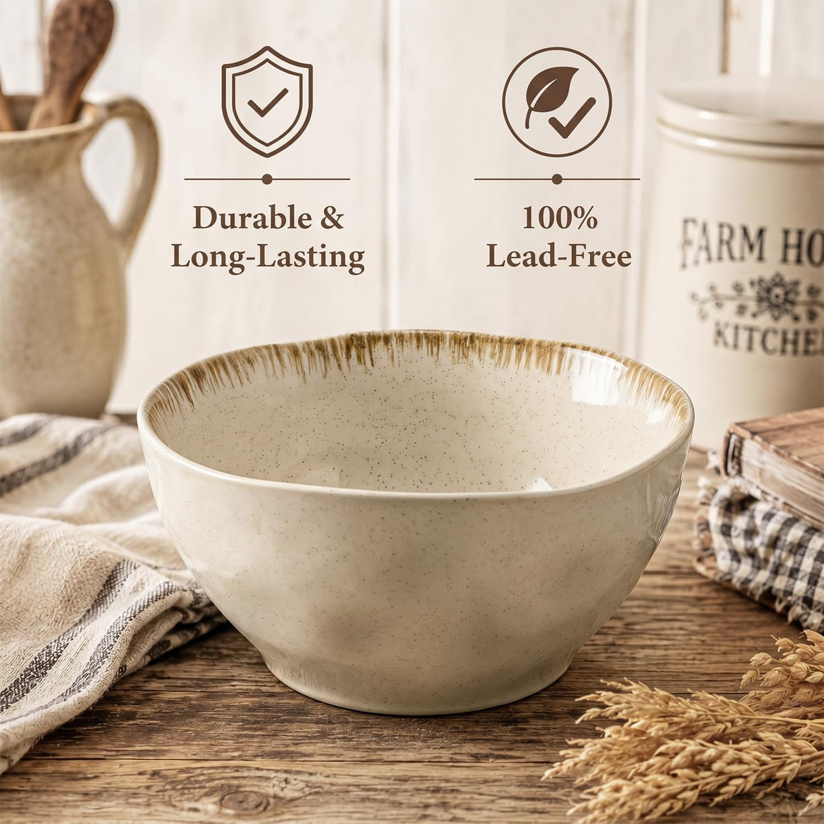 30 OZ Ceramic Soup Bowls Set of 4 Beige U5693