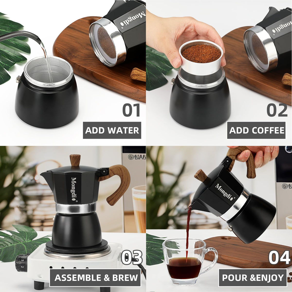 Stovetop Espresso Maker Moka Pot, 6 Cup 10 oz Black Q13551