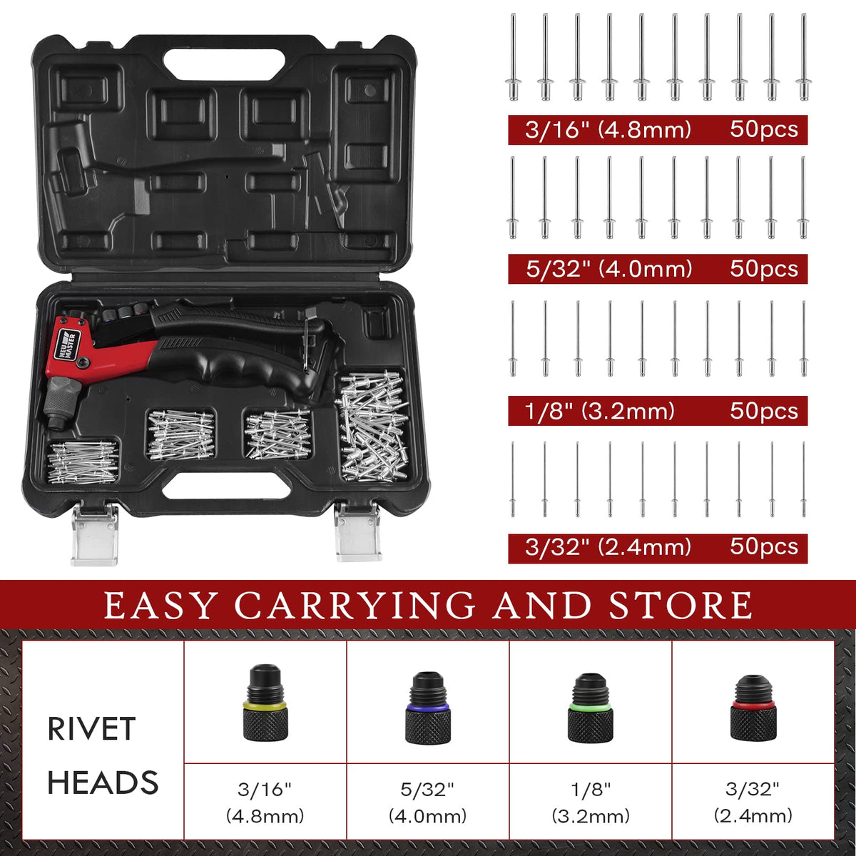 Rivet Gun Tool Kit with 200 Rivets D789473