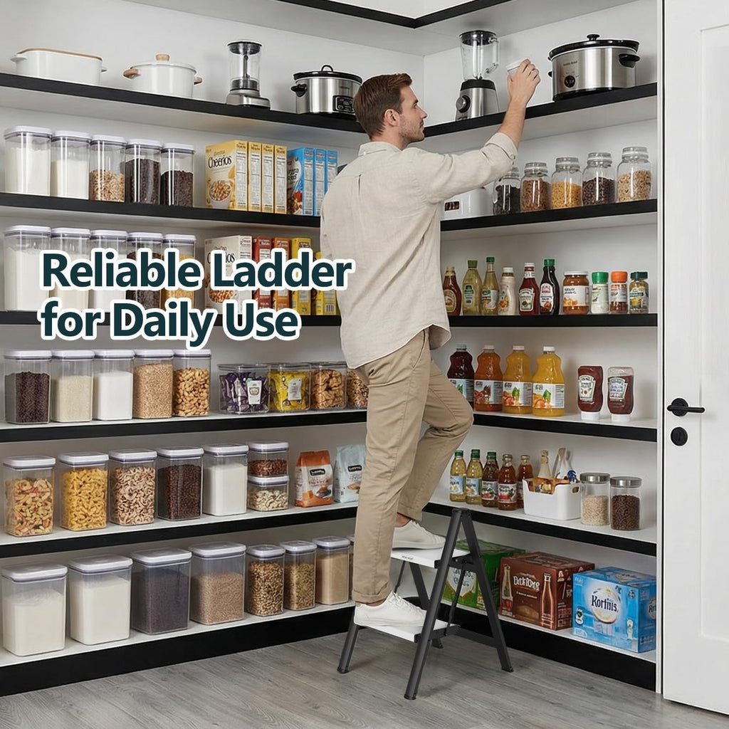2 Step Ladder, Foldable Step Stool, 300lbs Load, Black & White Z875168