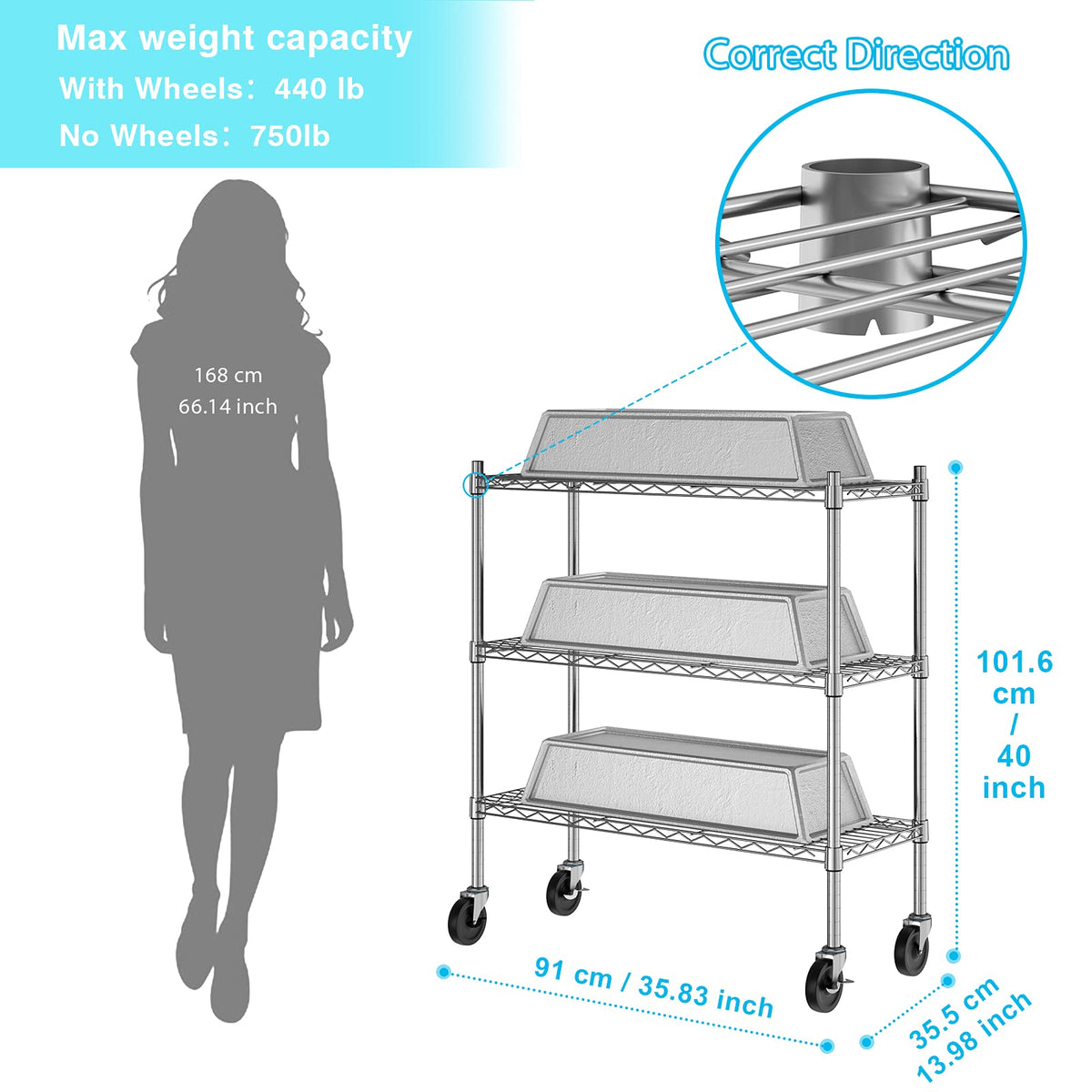 3-Tier Heavy Duty Metal Storage Shelves with Casters Y955