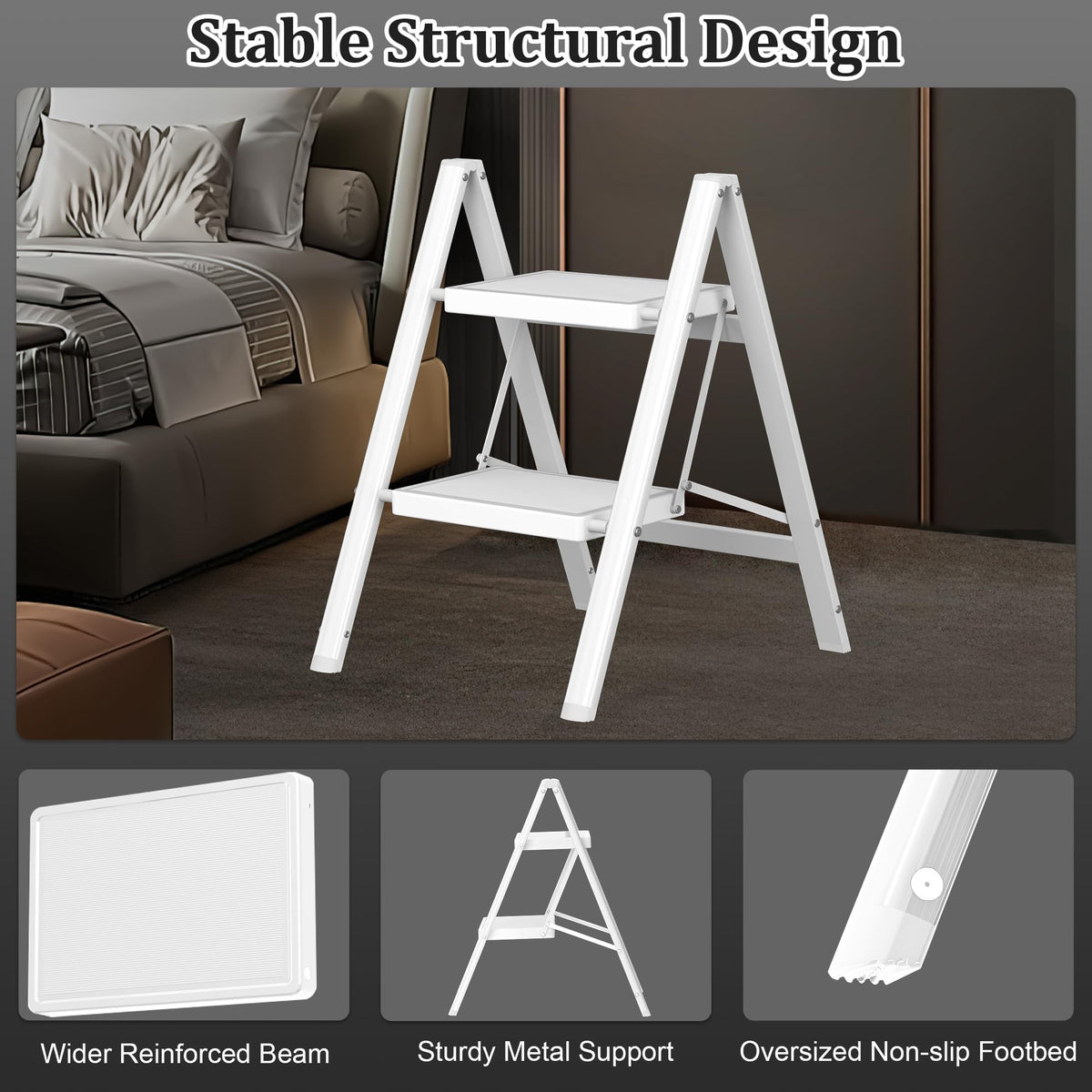 2 Step Folding Steel Ladder 330lbs Capacity White S30141