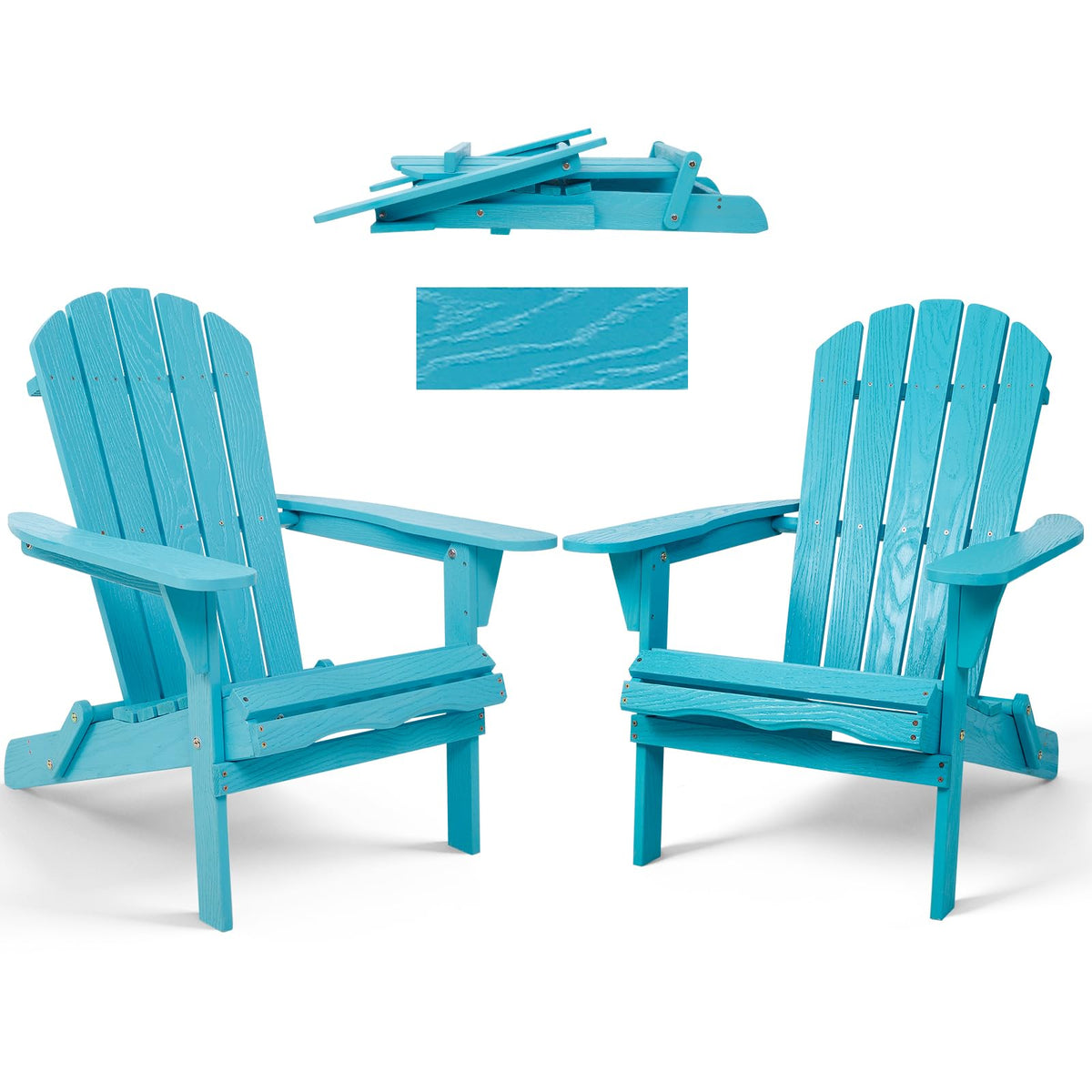 Folding Adirondack Chairs Set of 2 Solid Wood Turquoise Blue K82906