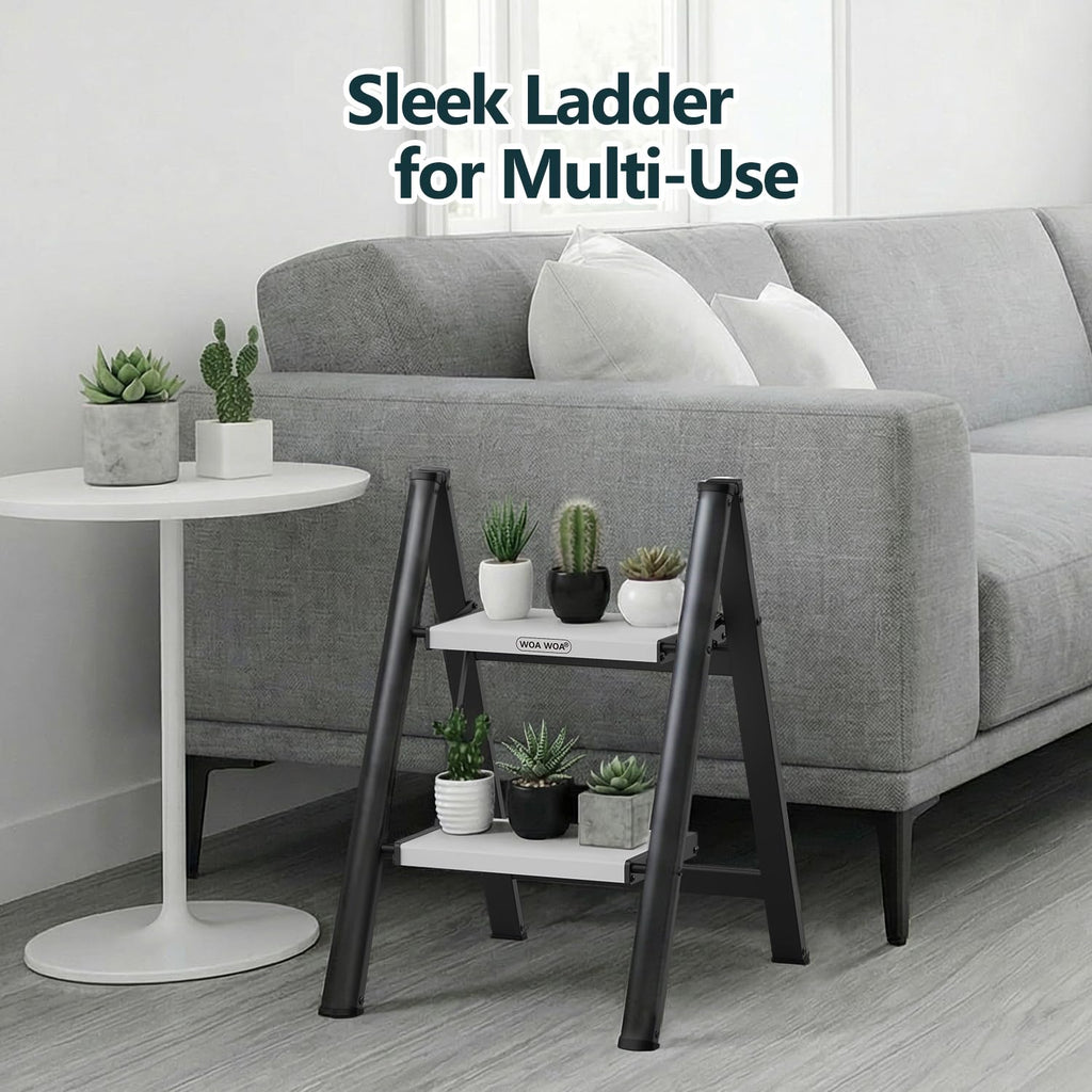 2 Step Ladder, Foldable Step Stool, 300lbs Load, Black & White Z875168