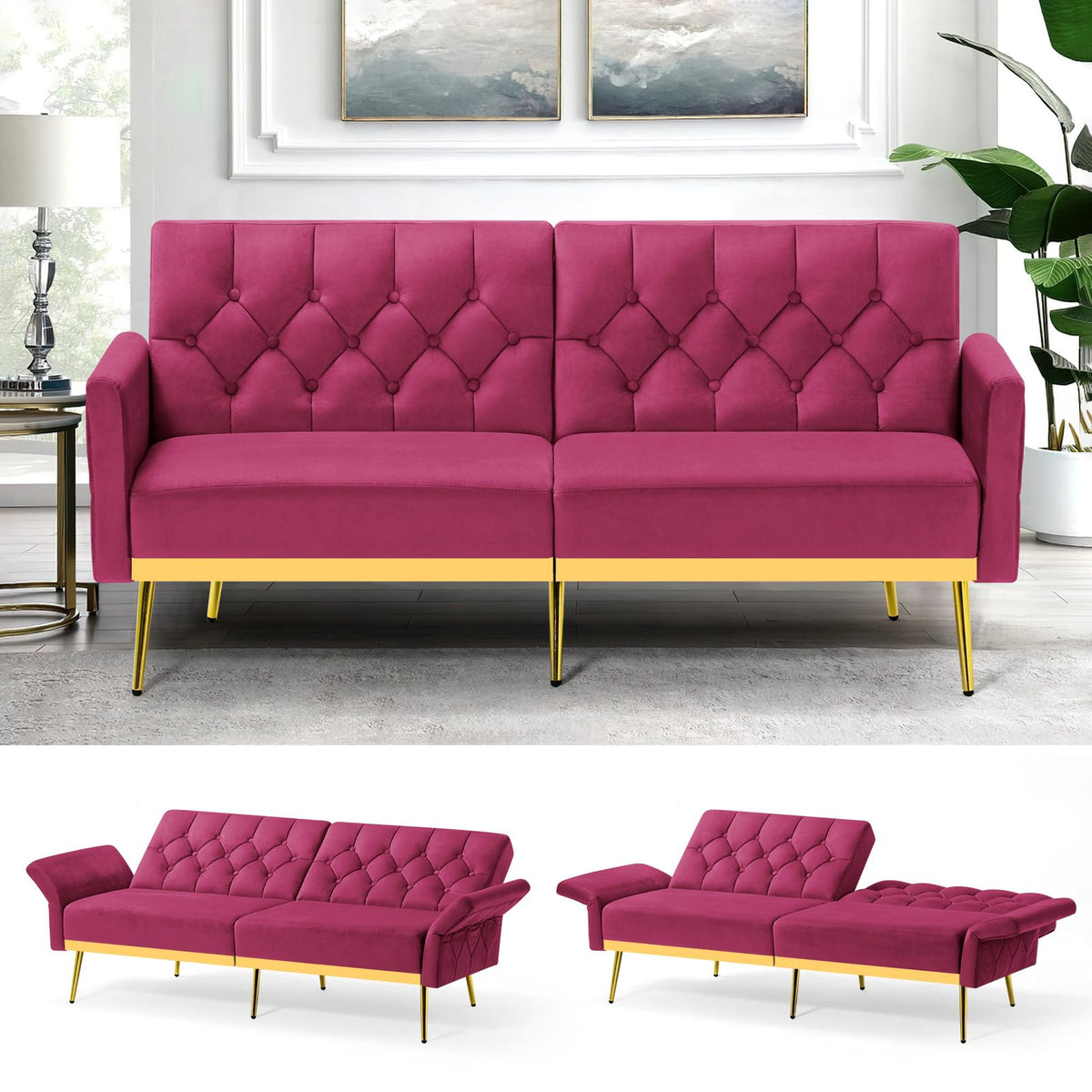 Velvet Sofa Bed with Adjustable Armrests & Backrests D167670