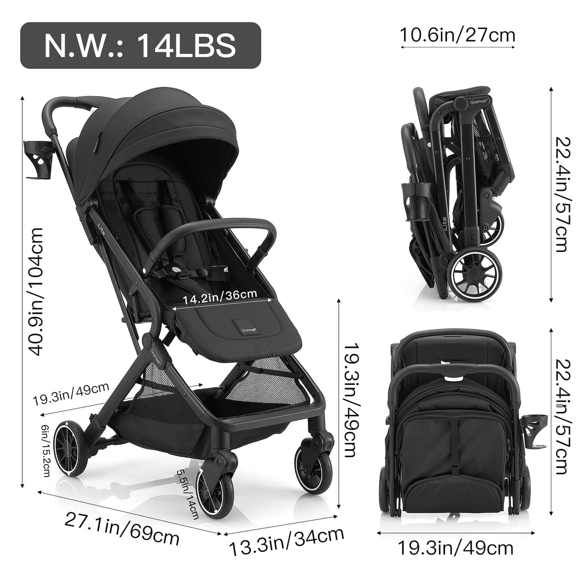 Black Lightweight Fold Baby Stroller with Canopy and Cup Holder F715