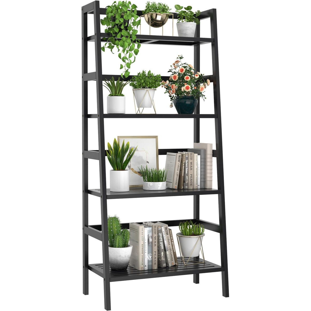 Black 4-Tier Bamboo Ladder Shelf V26824