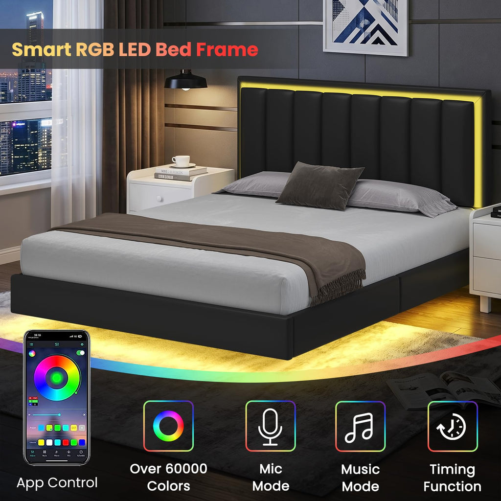 Black Full Size Floating Bed Frame with LED Lights J205