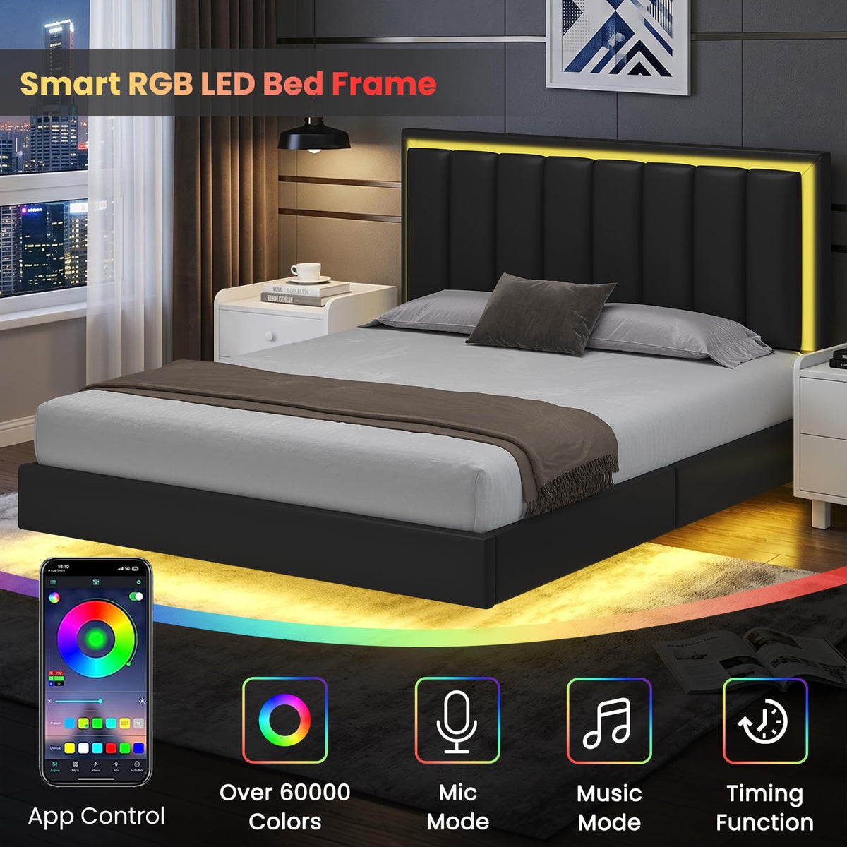 Black Full Size Floating Bed Frame with LED Lights J205