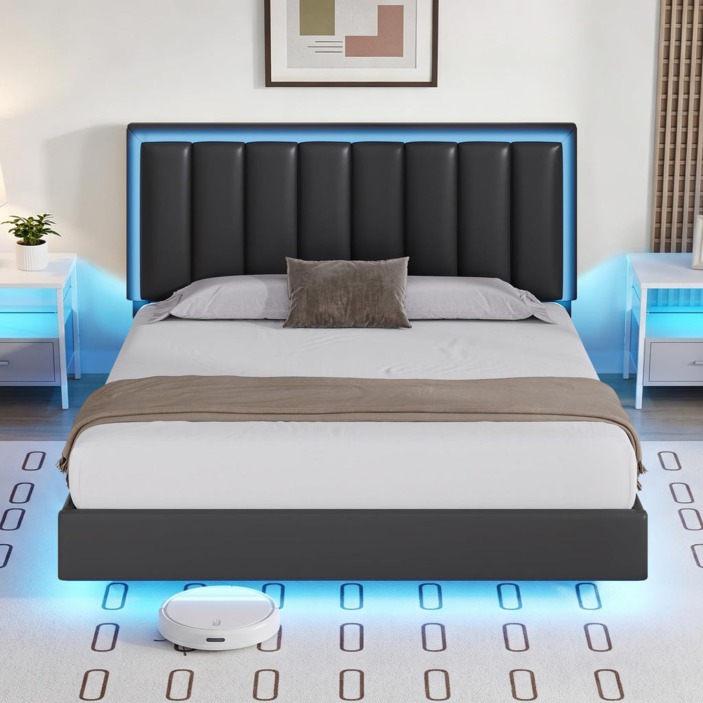 Black Full Size Floating Bed Frame with LED Lights J205