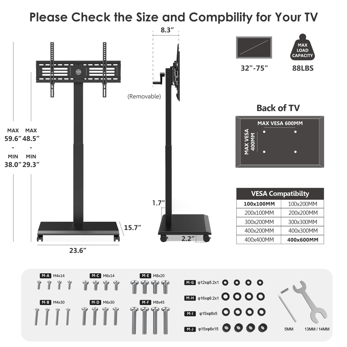 Hand Crank Lift TV Stand with Wheels for 32-75 Inch TVs, Black A1990