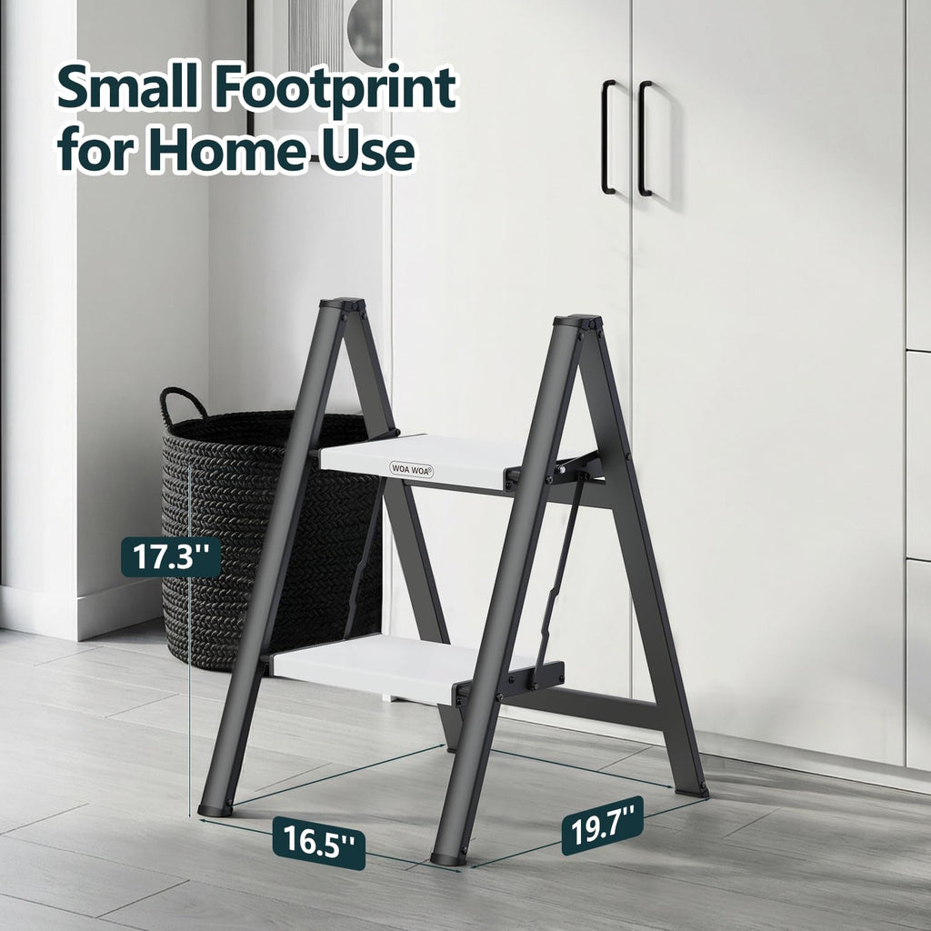 2 Step Ladder, Foldable Step Stool, 300lbs Load, Black & White Z875168