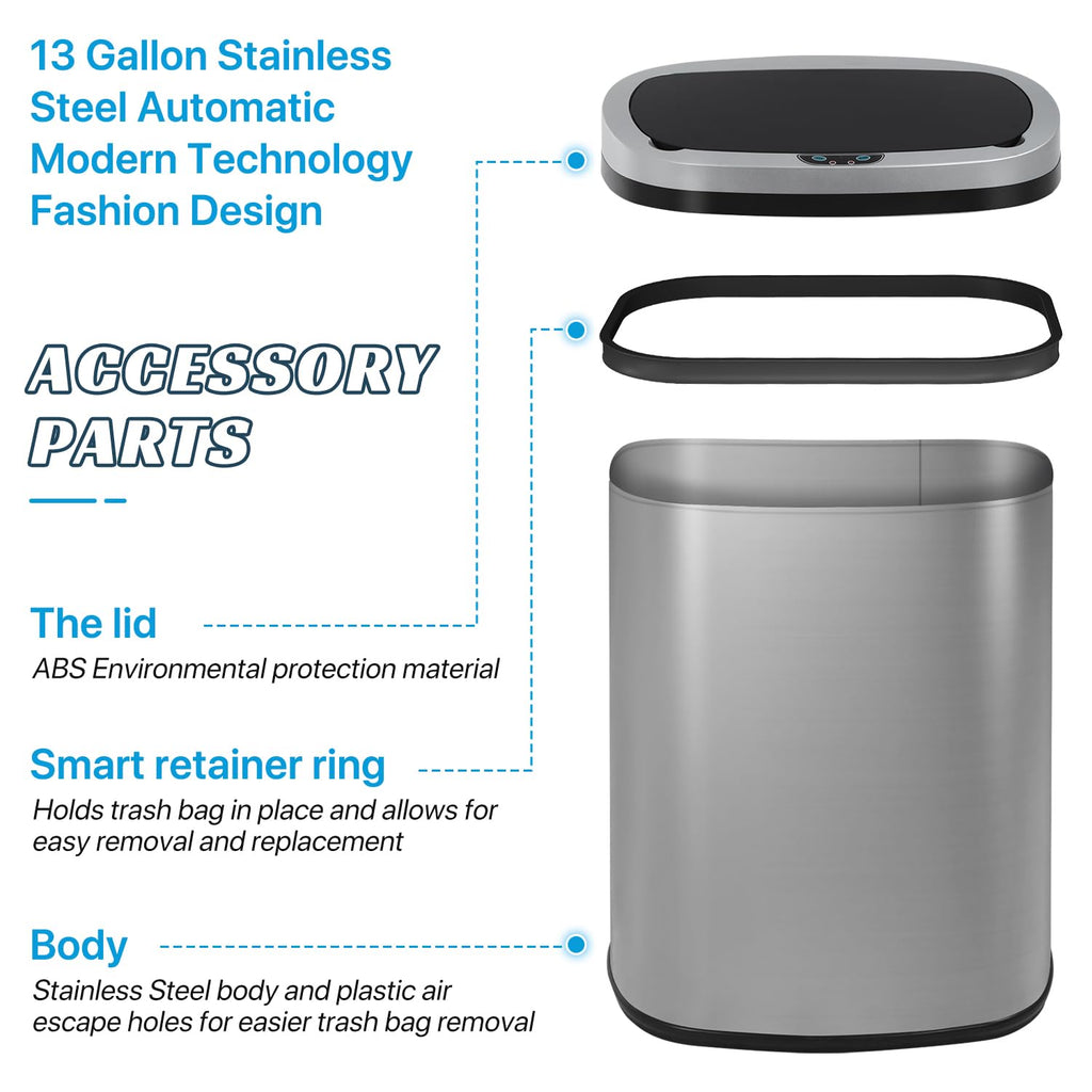 Stainless Steel 13 Gallon Touch Free Trash Can with Lid U582