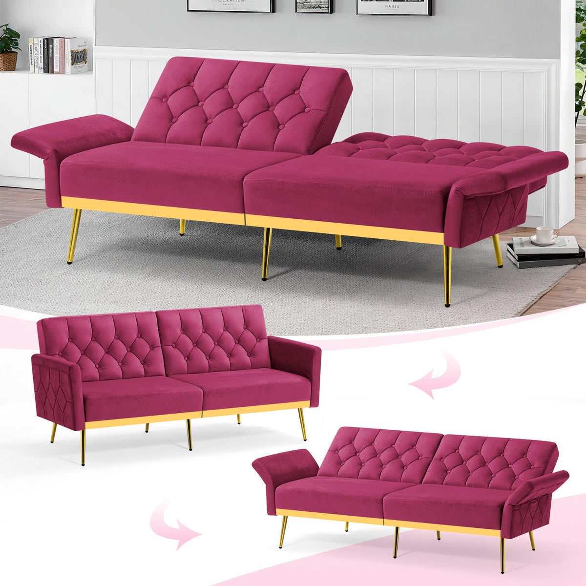 Velvet Sofa Bed with Adjustable Armrests & Backrests D167670