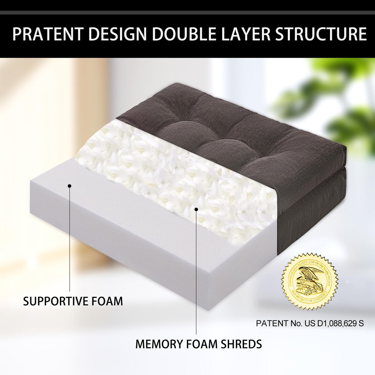 20x20x5 Inch Thick Tufted Dual Layer Chair Cushion Taupe 1P X453