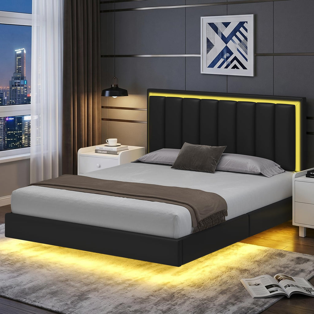 Black Full Size Floating Bed Frame with LED Lights J205